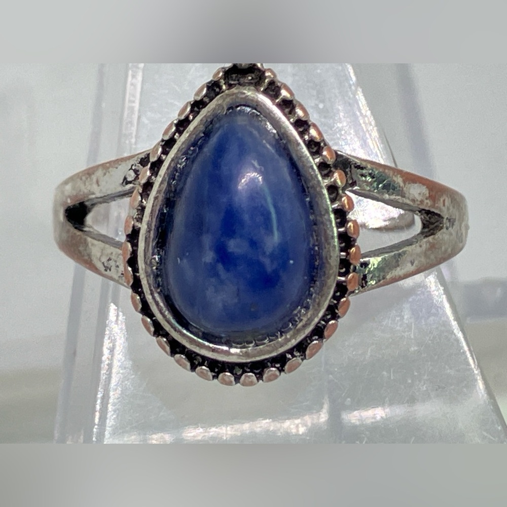 Sterling Silver Teardrop Blue Stone Ring • Size 7 • Vintage Boho Statement Ring